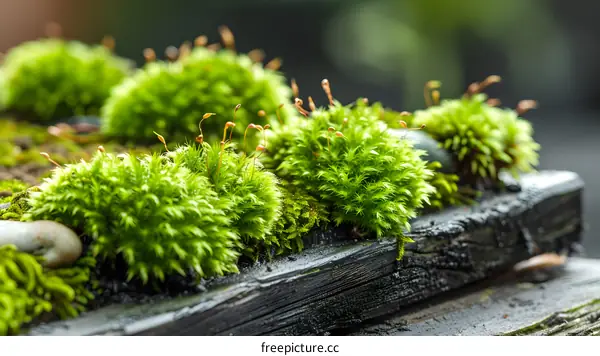 Closeup of Green Moss Growing on a Dark Wood