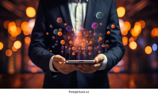 Businessman holding a smartphone with a glowing network of connections representing global connectivity and technology