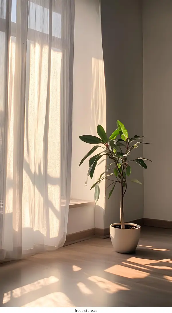 Sunlight Streaming Through Sheer Curtains in a Minimalist Room