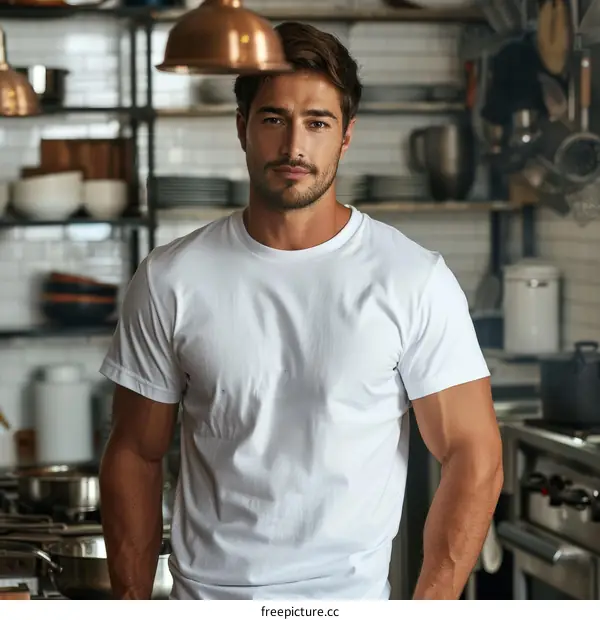 A handsome young man is standing in a kitchen.