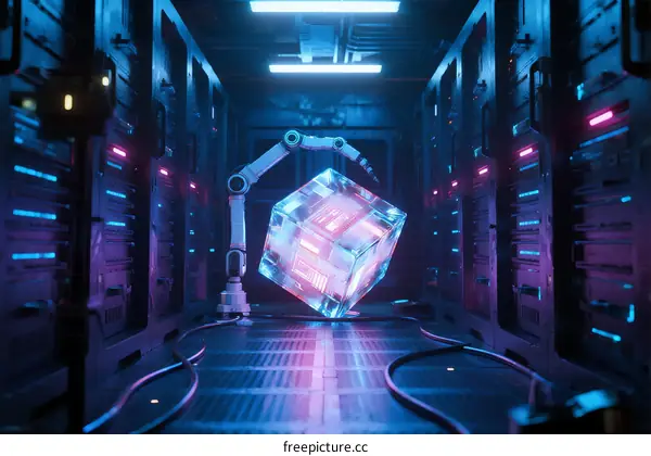 Robotic Arm Handling Transparent Cube in Data Center