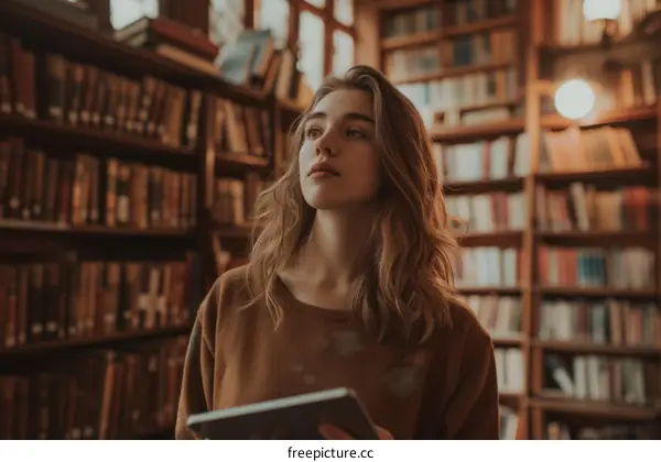 Portrait of a young woman in a library holding a tablet