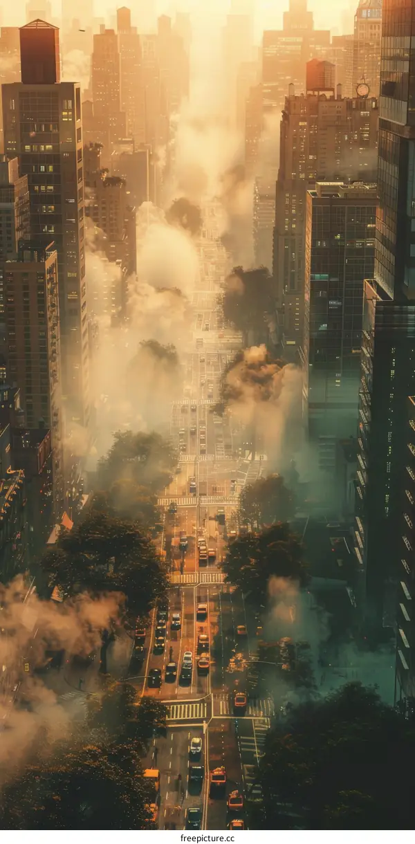 Cityscape Aerial View in Foggy Morning