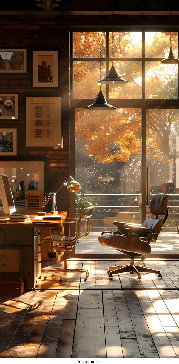 Home office with a view of the autumn forest