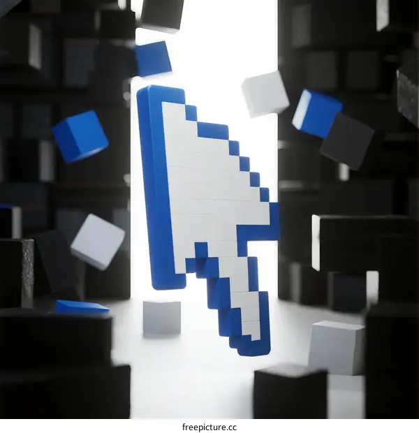 3D Rendered Computer Cursor Surrounded by Floating Cubes
