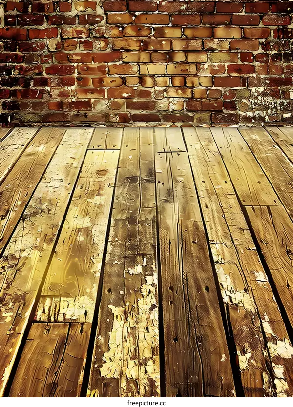 Wooden Floor with Red Brick Wall Background