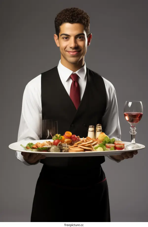 Waiter WITH A TRAY OF FOOD AND DRINKS