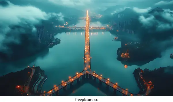 Aerial View of a City Bridge over a River at Dawn