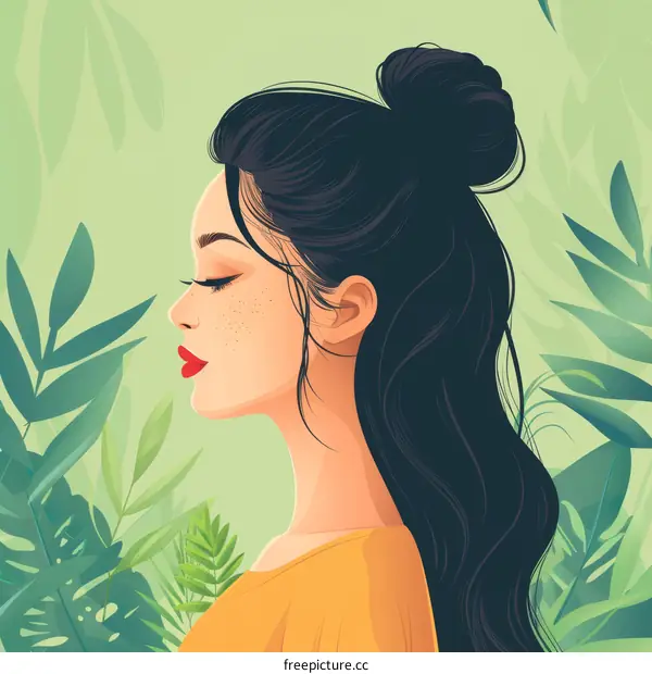 An illustration of a beautiful woman with long black hair and red lips, with a green leafy background.