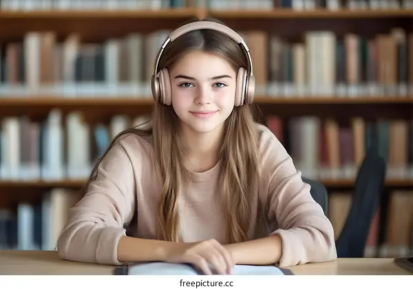 Teenage Girl in Library with Headphones