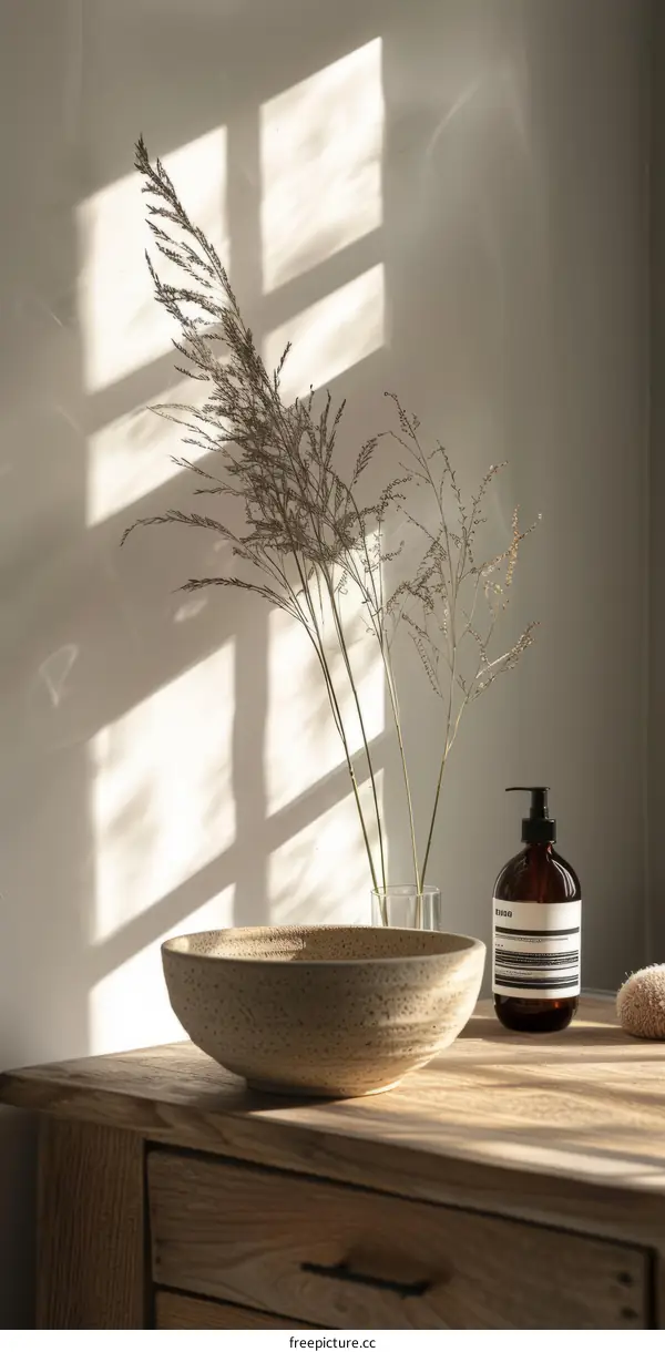 Dried grass and a ceramic bowl on a wooden table