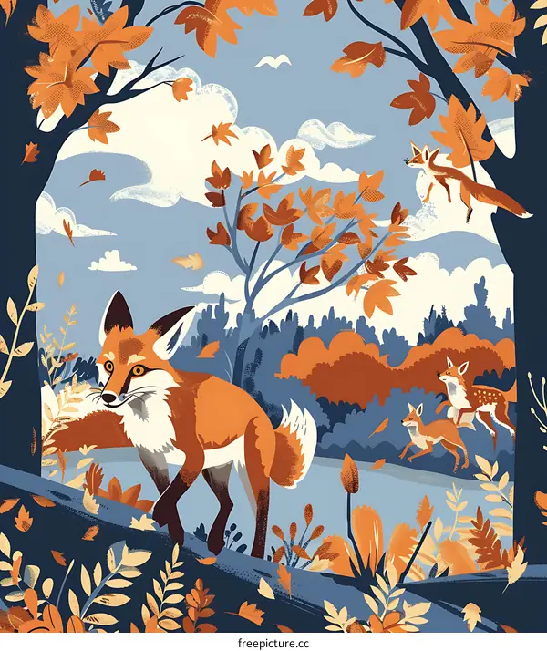Autumn Forest Illustration with Fox and Leaves