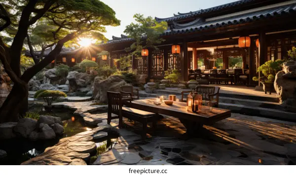 Peaceful Chinese Garden Courtyard with Rocks and Lanterns