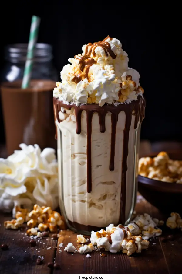 Decadent Chocolate Malt Milkshake with Salted Caramel Popcorn