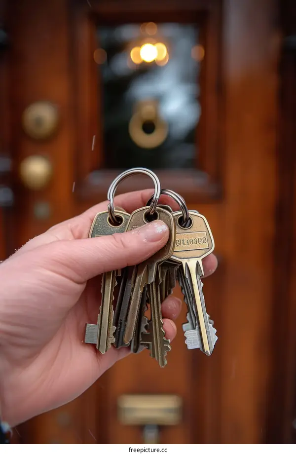A hand holding a bunch of keys in front of a wooden door.