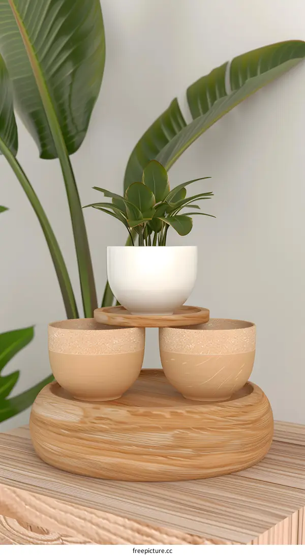 Wooden Potted Plant With White Pot on Brown Wooden Table