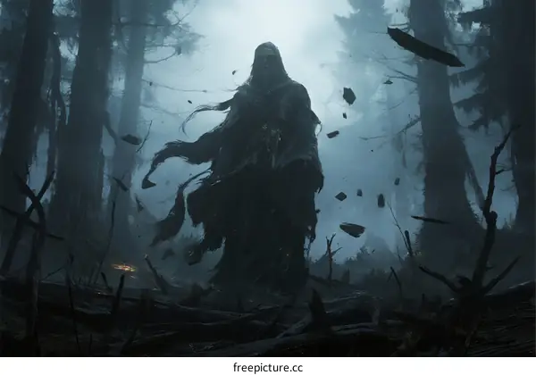 Mysterious Dark Figure Standing in Ancient Forest with Falling Leaves