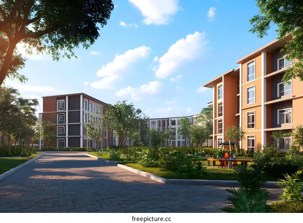 Modern Apartment Building Complex with Courtyard and Green Spaces
