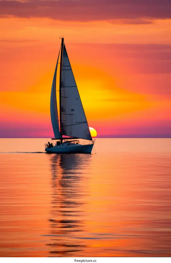 sailboat on calm water with orange sky and sun setting