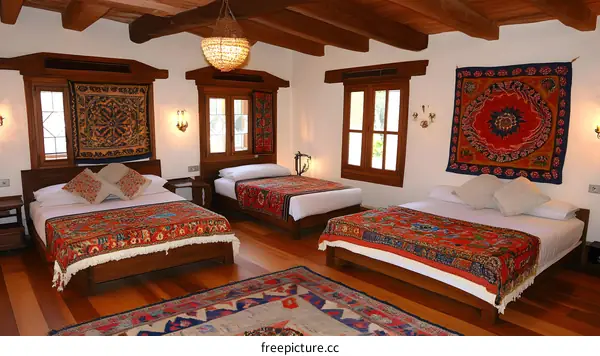 Traditional Turkish Style Bedroom Interior Design with Wooden Bed and Carpet