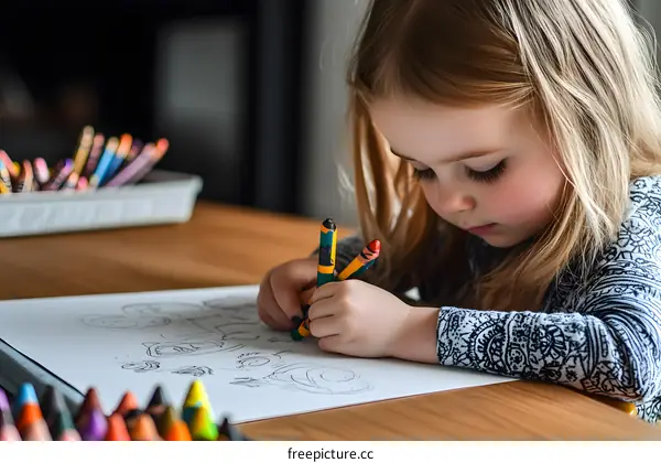 Young Girl Drawing With Crayons On Table
