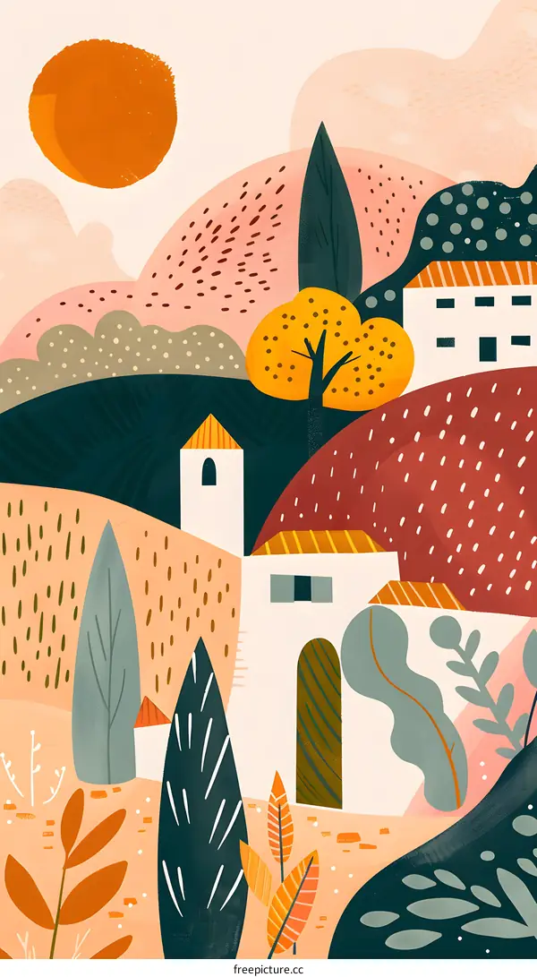 Abstract Illustration of a Landscape with Houses and Trees