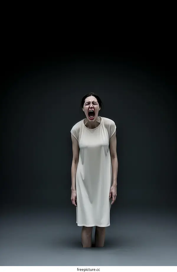 A woman in a white dress is screaming with her eyes closed