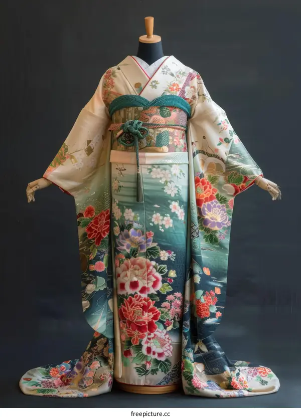 A woman wearing a beautiful kimono with floral patterns.