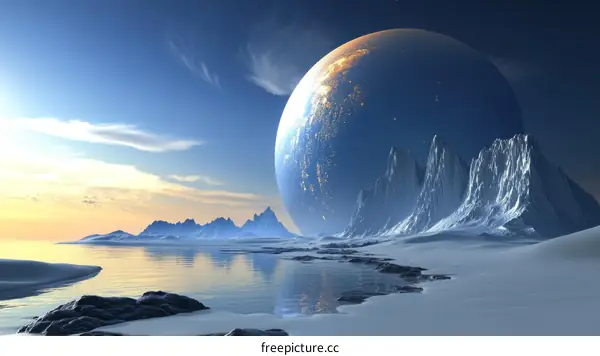 Alien Planet Sunrise Over Frozen Coastline