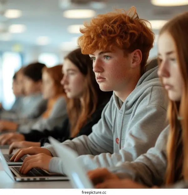 Teenage boy using laptop in classroom with other students in background