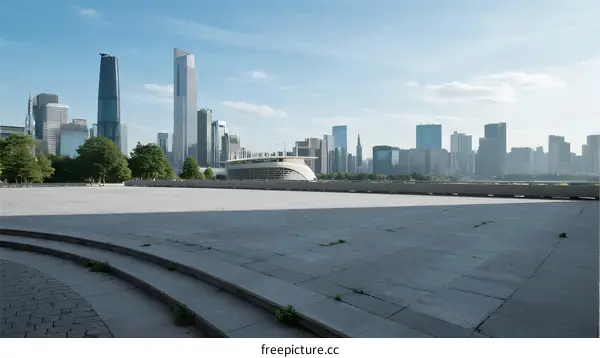 Modern city skyline with spacious open area in foreground