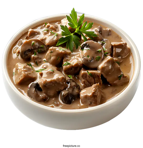 [Transparent Background PNG]Beef stew with mushrooms and parsley in white bowl