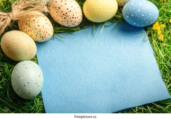 Easter Eggs on Grass with a Blank Blue Sheet