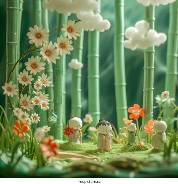 Four figurines in a bamboo forest