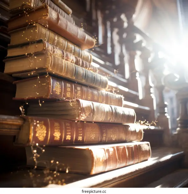 Stack of Old Books on Wooden Table in Library with Golden Light