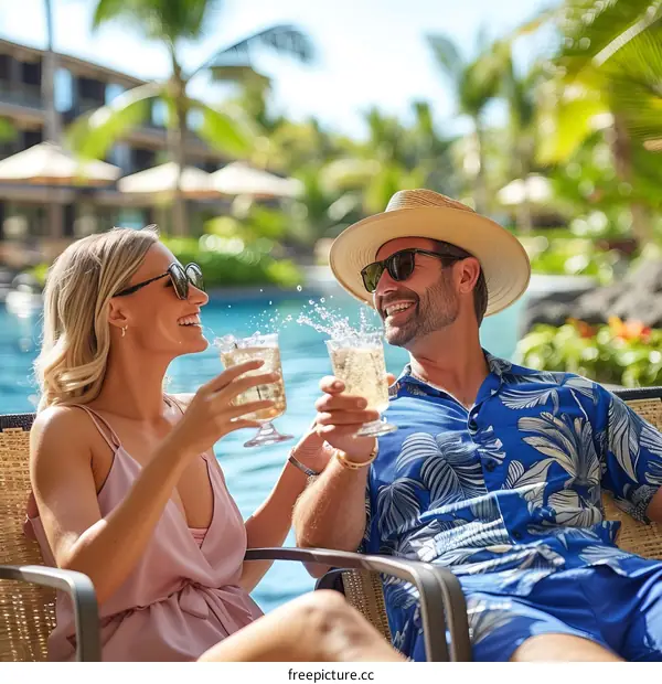 Couple in a tropical paradise enjoying drinks by the pool