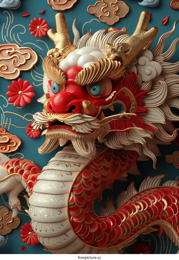Gold and Red Chinese Dragon 3D Rendering