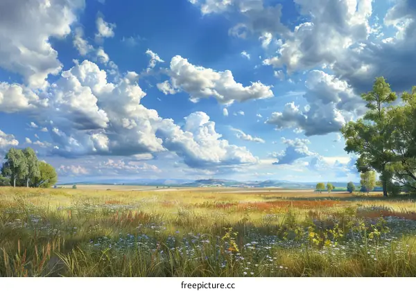 A captivating summer landscape with a majestic tree in the foreground and rolling hills in the distance