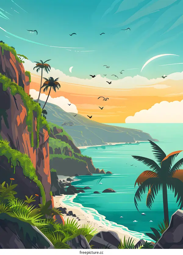 Tropical Coastline with Palm Trees and Birds Flying in the Sky