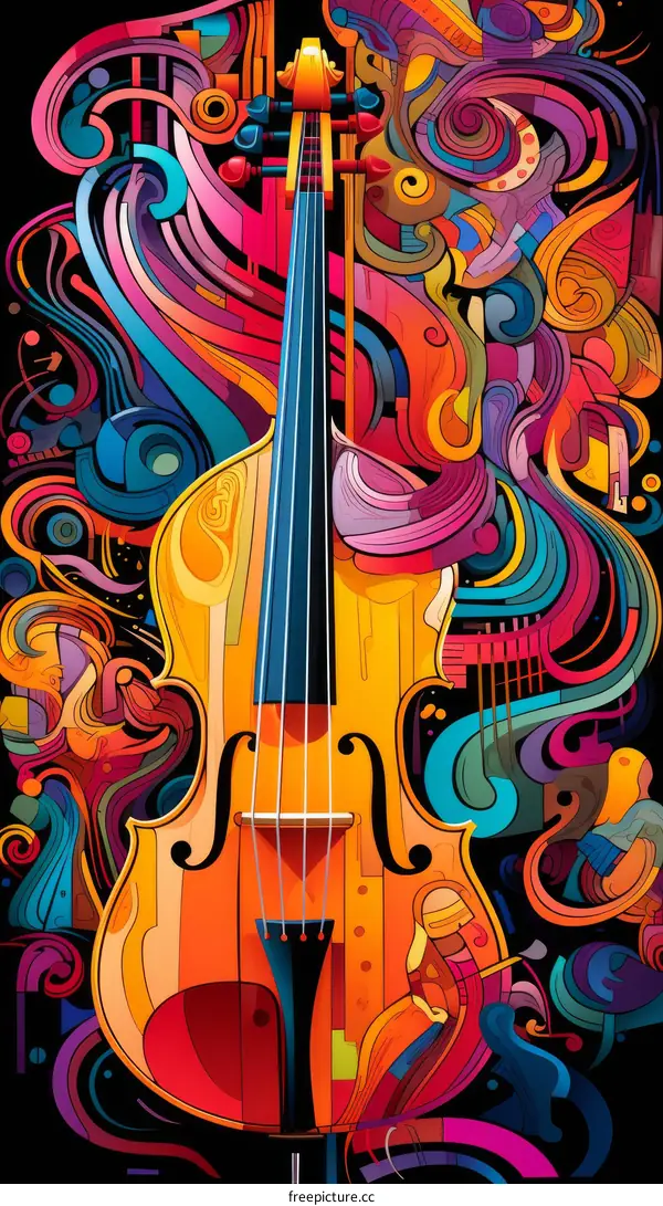 Abstract Violin with Colorful Flowing Ribbons