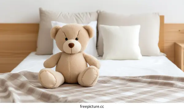 A cute teddy bear sitting on a bed with a blanket