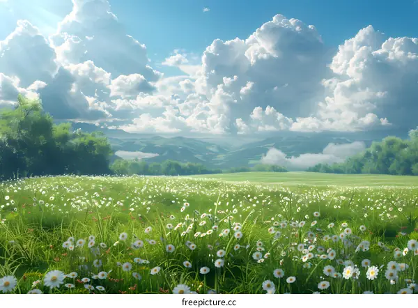 A field of daisies with a mountain range in the distance