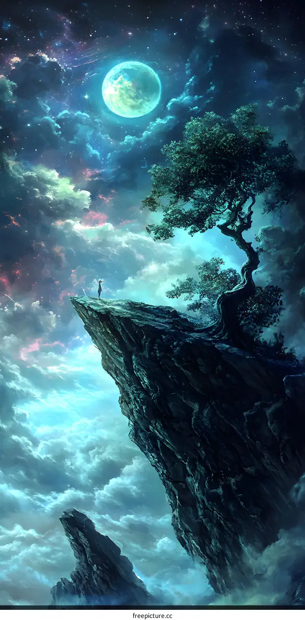 Fantasy Landscape with Person Standing on a Cliff, Moon, Stars, Clouds, and a Tree