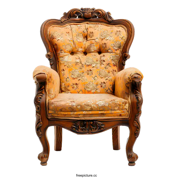 [Transparent Background PNG]Antique Carved Wooden Armchair with Floral Pattern Upholstery
