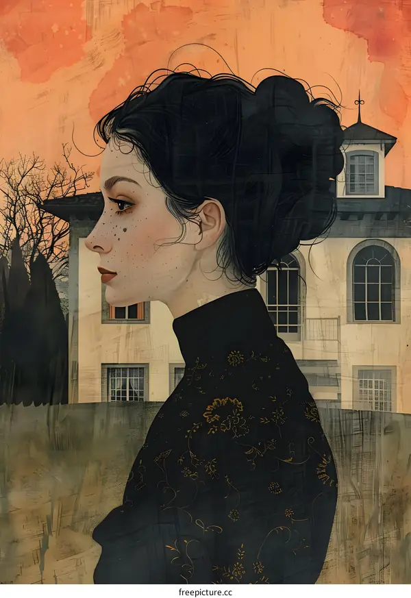 Woman in Black Dress Looking Away from Old House