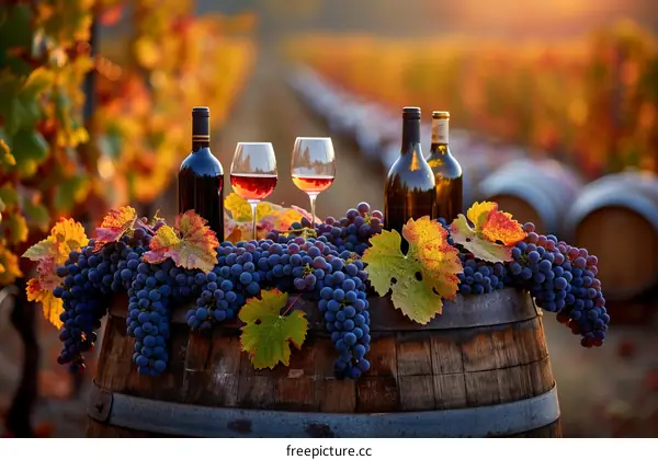 Two Glasses and Two Bottles of Wine on a Wooden Barrel with Grapes