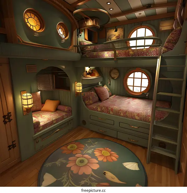 Green and Brown Bunk Bed in a Small Room