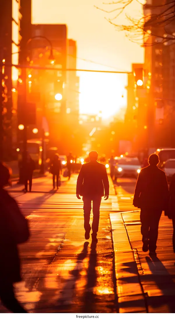 Silhouettes of People Walking in the City at Sunset