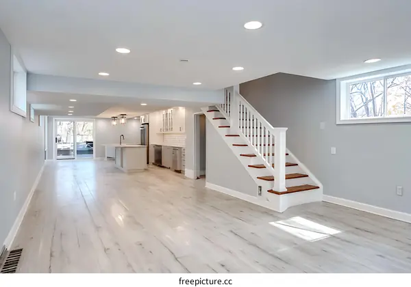 Modern Open-Concept Basement with Stylish Flooring