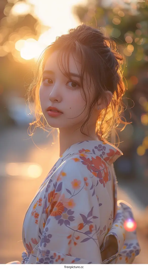 Asian Woman in Traditional Japanese Kimono at Sunset